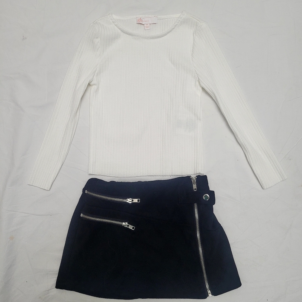 Giani Bini Black Mini Skirt With Zipper Detail And Cream Ribbed Top,  Size 2T